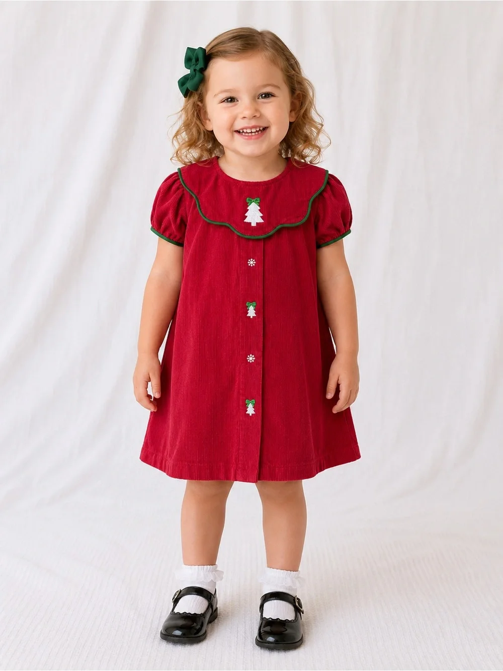 Girls' Red Holiday Corduroy Dress with Green Trim